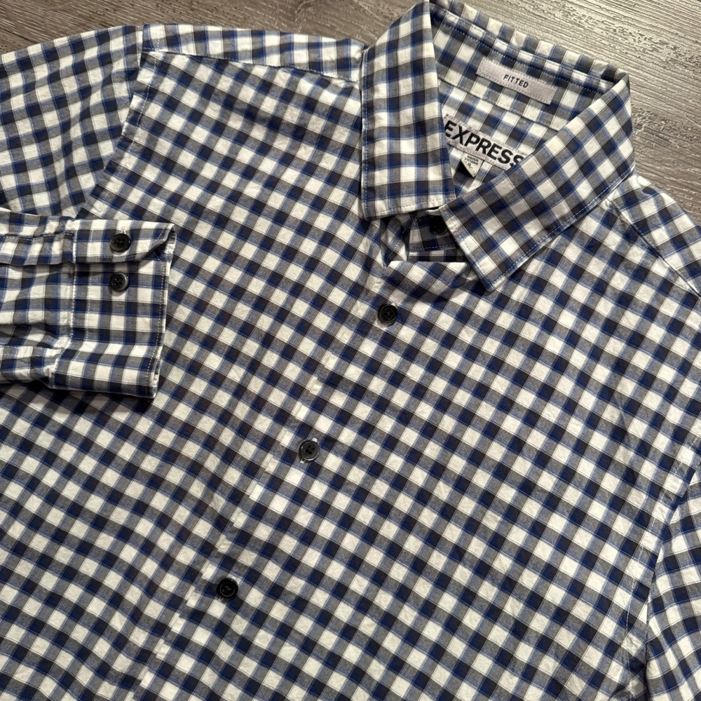 Express Shirt Mens S Blue Gingham Check 100% Cotton Business Casual Office 14.5